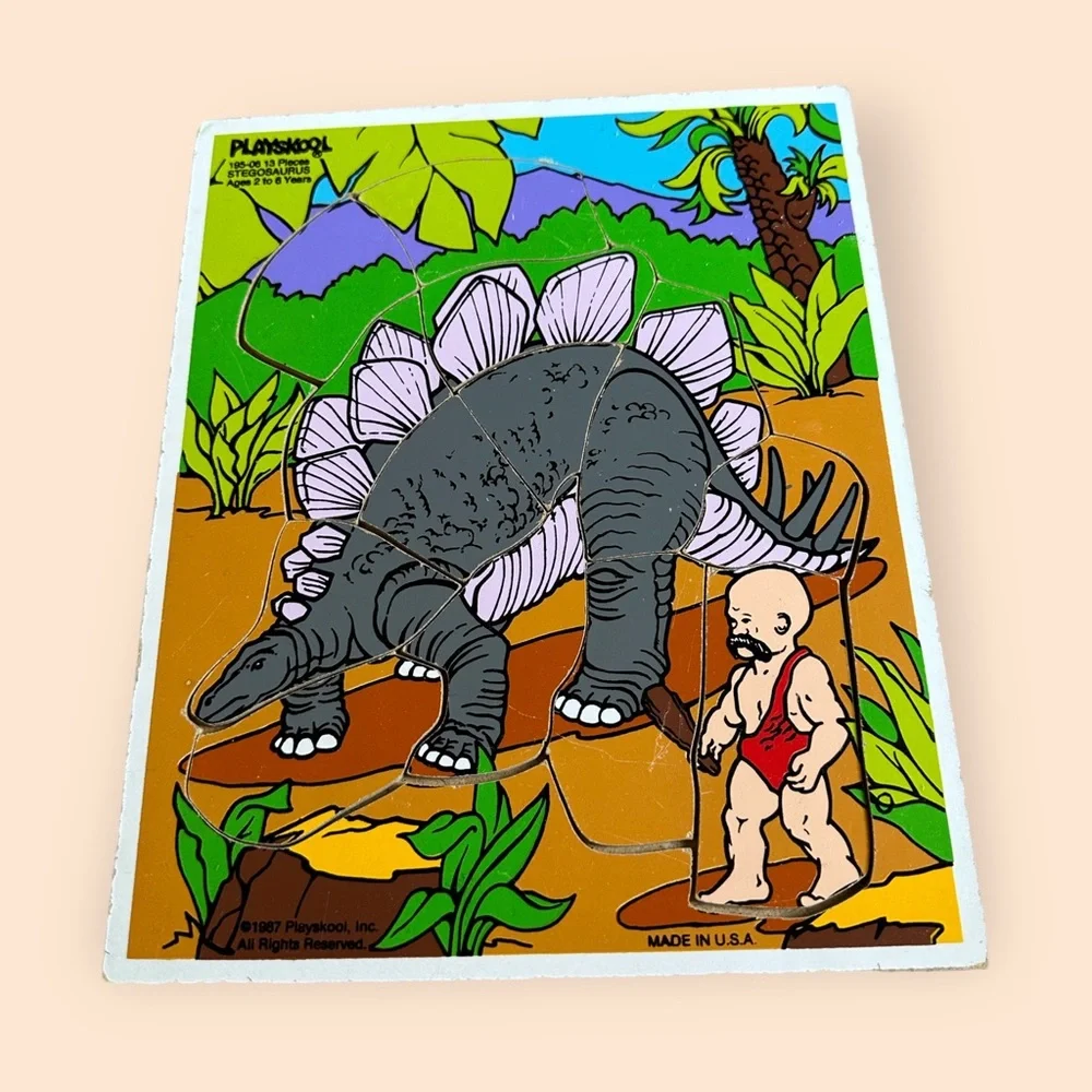 Vintage 1980's Playskool Dinosaur And Caveman Wooden Puzzle